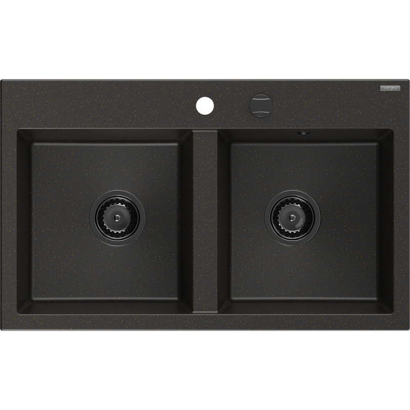 Mexen Hektor dvoudílný žulový kuchyňský dřez 800 x 480 mm, černý/zlatý metalický, černý sifon - 6521802000-75-B