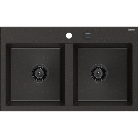 Mexen Hektor dvoudílný žulový kuchyňský dřez 800 x 480 mm, černý/zlatý metalický, černý sifon - 6521802000-75-B