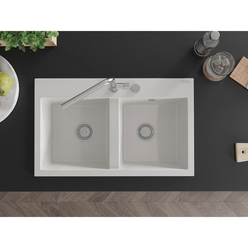 Mexen Hektor dřez žulový 2-komorový 800 x 480 mm, bílý, sifon chrom - 6521802000-20