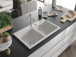 Mexen Hektor dřez žulový 2-komorový 800 x 480 mm, bílý, sifon chrom - 6521802000-20