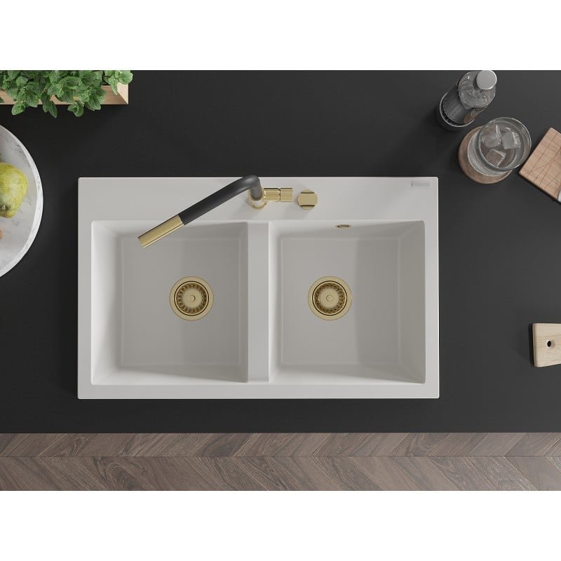 Mexen Hektor granitový dřez 2komorový 800 x 480 mm, bílý, sifon zlatý - 6521802000-20-G