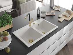 Mexen Hektor granitový dřez 2komorový 800 x 480 mm, bílý, sifon zlatý - 6521802000-20-G