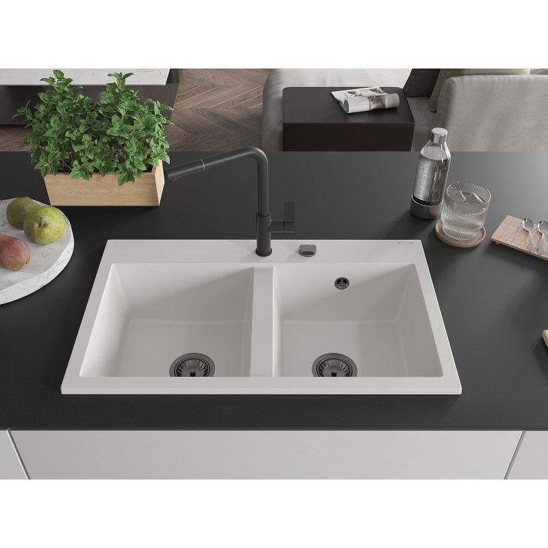 Mexen Hektor granitový dřez 2-komorový 800 x 480 mm, bílý, černý sifon - 6521802000-20-B