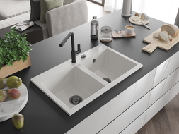 Mexen Hektor granitový dřez 2-komorový 800 x 480 mm, bílý, černý sifon - 6521802000-20-B