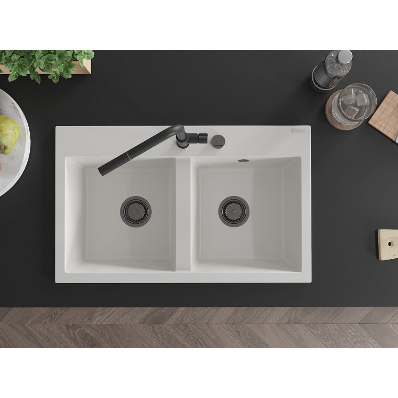 Mexen Hektor granitový dřez 2-komorový 800 x 480 mm, bílý, černý sifon - 6521802000-20-B