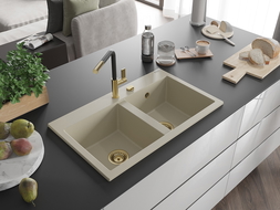 Mexen Hektor žulový dřez 2-komorový 800 x 480 mm, béžový, sifon zlatý - 6521802000-69-G