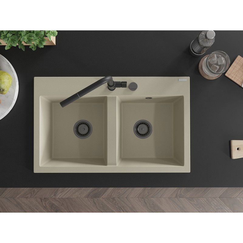 Mexen Hektor dvojkomorový žulový dřez 800 x 480 mm, béžový, černý sifon - 6521802000-69-B
