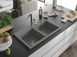 Mexen Hektor dvoukomorový granitový dřez 800 x 480 mm, šedý, zlatý sifon - 6521802000-71-G