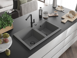 Mexen Hektor granitový dřez 2-komorový 800 x 480 mm, šedý, sifon černý - 6521802000-71-B