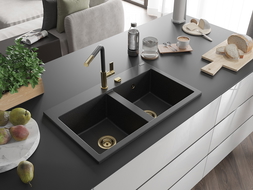 Mexen Hektor dřez z granitu 2-komorový 800 x 480 mm, černý/stříbrný metalik, sifon zlatý - 6521802000-73-G