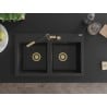 Mexen Hektor dřez z granitu 2-komorový 800 x 480 mm, černý/stříbrný metalik, sifon zlatý - 6521802000-73-G