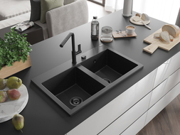 Mexen Hektor dřez žulový 2-komorový 800 x 480 mm, černý/stříbrný metalik, černý sifon - 6521802000-73-B