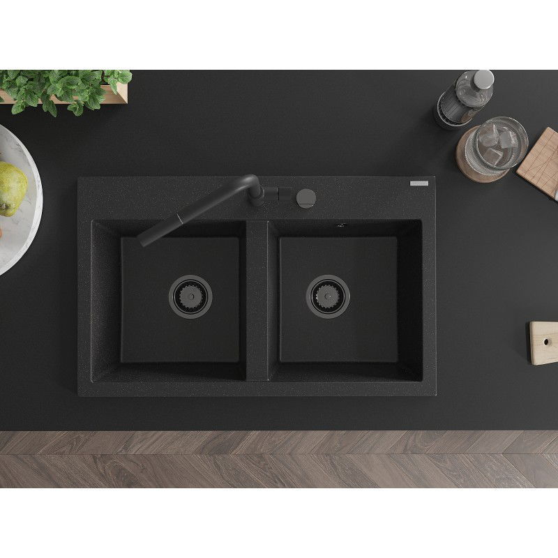 Mexen Hektor dřez žulový 2-komorový 800 x 480 mm, černý/stříbrný metalik, černý sifon - 6521802000-73-B