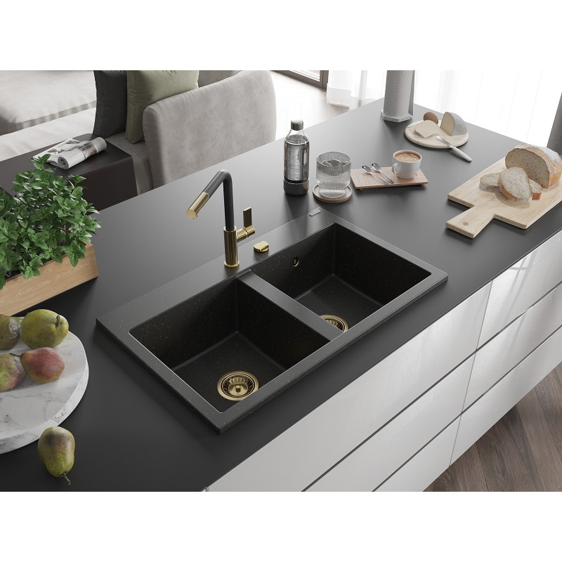 Mexen Hektor granitový dřez 2-komorový 800 x 480 mm, černý/zlatý metalický, sifon zlatý - 6521802000-75-G