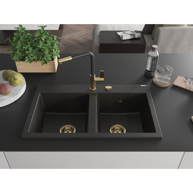 Mexen Hektor granitový dřez 2-komorový 800 x 480 mm, černý/zlatý metalický, sifon zlatý - 6521802000-75-G