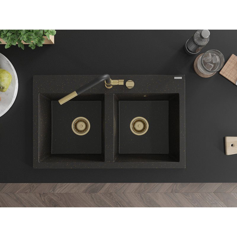 Mexen Hektor granitový dřez s 2 komorami 800 x 480 mm, černý/zlatý metalik, sifon zlatý - 6521802000-75-G