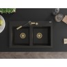 Mexen Hektor granitový dřez 2-komorový 800 x 480 mm, černý/zlatý metalický, sifon zlatý - 6521802000-75-G