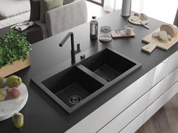 Mexen Hektor dvoudílný žulový kuchyňský dřez 800 x 480 mm, černý/zlatý metalický, černý sifon - 6521802000-75-B