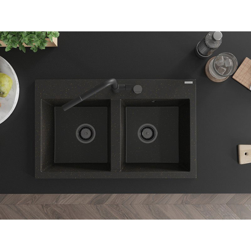 Mexen Hektor dvoudílný žulový kuchyňský dřez 800 x 480 mm, černý/zlatý metalický, černý sifon - 6521802000-75-B