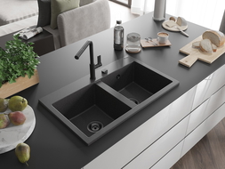 Mexen Hektor granitový dřez 2-komorový 800 x 480 mm, černý se skvrnami, černý sifon - 6521802000-76-B