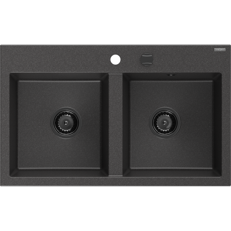 Mexen Hektor granitový dřez 2-komorový 800 x 480 mm, černý se skvrnami, černý sifon - 6521802000-76-B