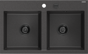 Mexen Hektor granitový dřez 2-komorový 800 x 480 mm, černý se skvrnami, černý sifon - 6521802000-76-B
