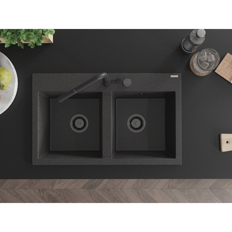 Mexen Hektor granitový dřez 2-komorový 800 x 480 mm, černý se skvrnami, černý sifon - 6521802000-76-B