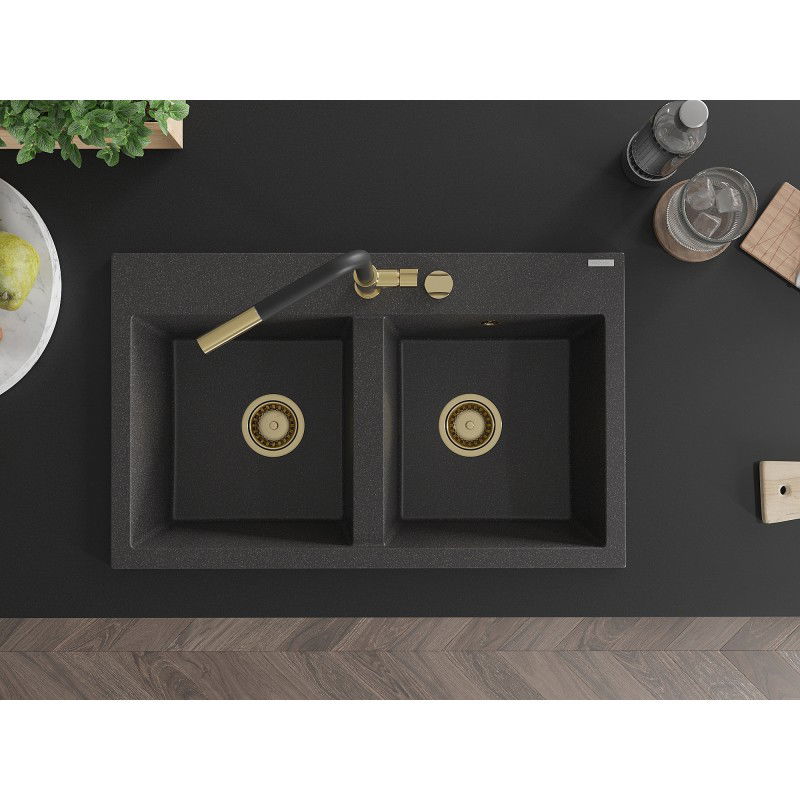 Mexen Hektor granitový dřez 2-komorový 800 x 480 mm, černý tečkovaný, sifon zlatý - 6521802000-76-G