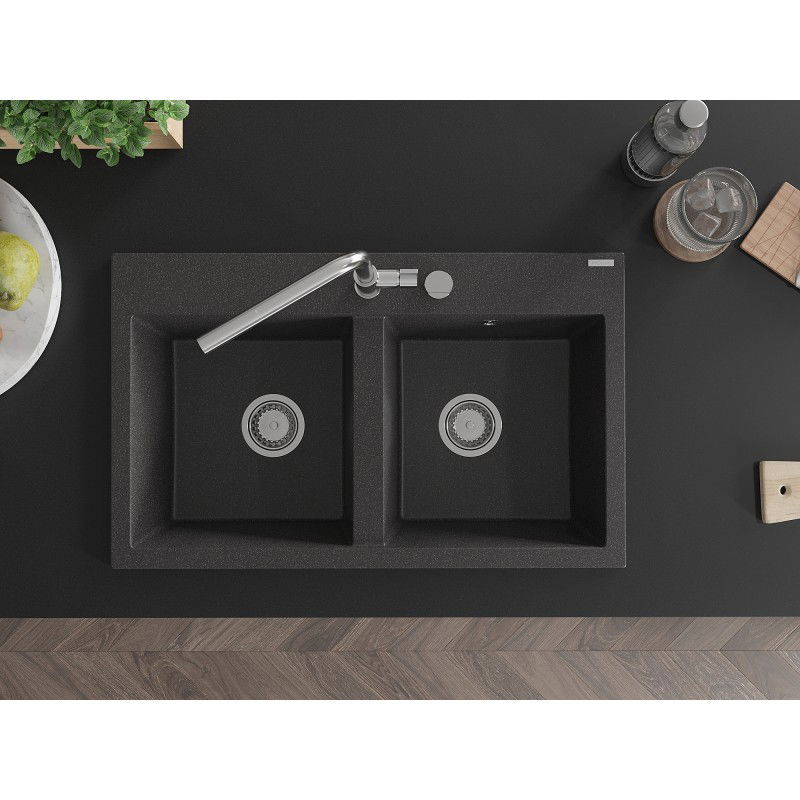 Mexen Hektor žulový dřez 2-komorový 800 x 480 mm, černý skvrnitý, sifon chrom - 6521802000-76