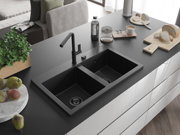 Mexen Hektor žulový dřez 2-komorový 800 x 480 mm, černý, sifon černý - 6521802000-77-B