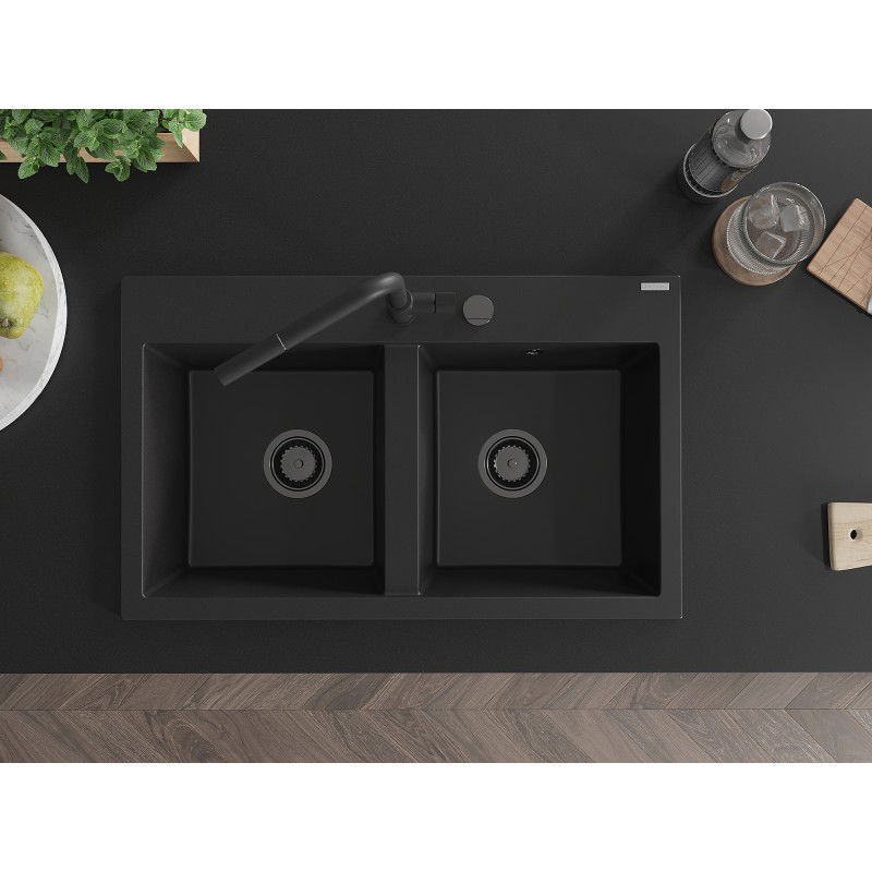 Mexen Hektor žulový dřez 2-komorový 800 x 480 mm, černý, sifon černý - 6521802000-77-B