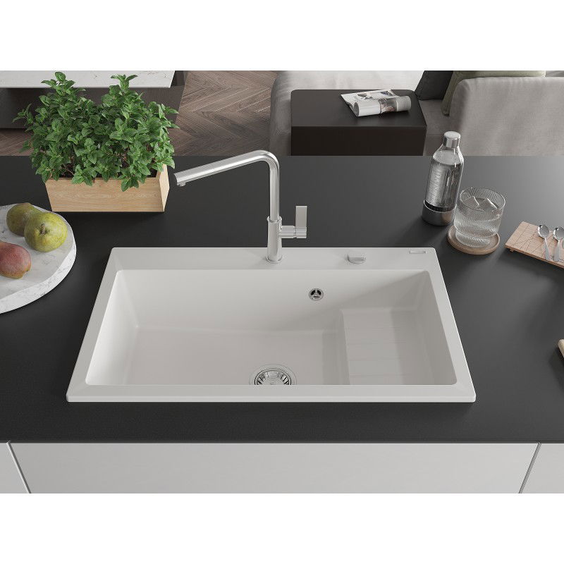Mexen Omar jednokomorový žulový dřez 800 x 480 mm, bílý, chromový sifon - 6520801005-20