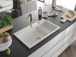 Mexen Omar granitový dřez 1-komorový 800 x 480 mm, bílý, sifon zlatý - 6520801005-20-G