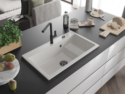 Mexen Omar granitový dřez 1-komorový 800 x 480 mm, bílý, černý sifon - 6520801005-20-B