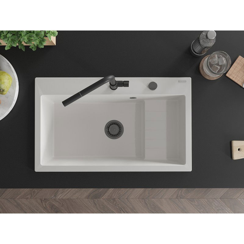 Mexen Omar granitový dřez 1-komorový 800 x 480 mm, bílý, černý sifon - 6520801005-20-B