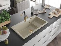 Mexen Omar granitový dřez 1-komorový 800 x 480 mm, béžový, zlatý sifon - 6520801005-69-G