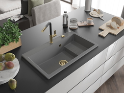 Mexen Omar žulový dřez 1-komorový 800 x 480 mm, šedý, sifon zlatý - 6520801005-71-G