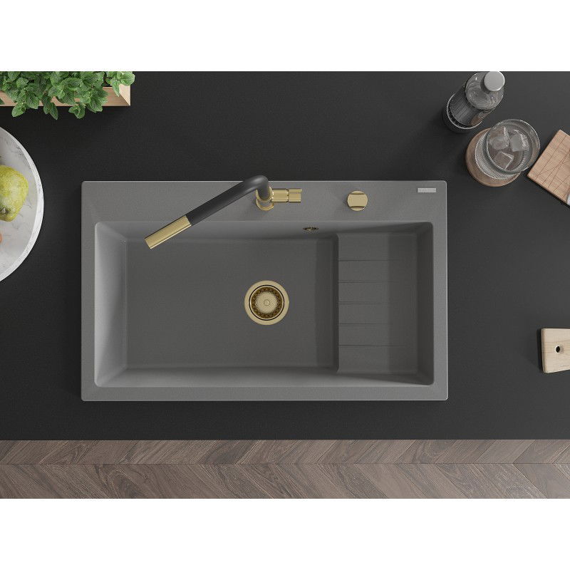 Mexen Omar žulový dřez 1-komorový 800 x 480 mm, šedý, sifon zlatý - 6520801005-71-G