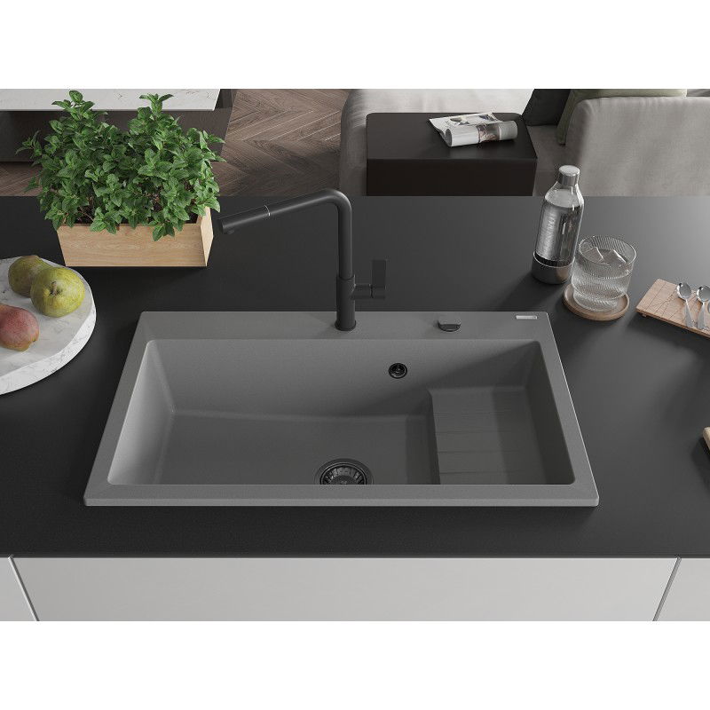 Mexen Omar žulový dřez 1-komorový 800 x 480 mm, šedý, černý sifon - 6520801005-71-B
