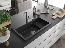 Mexen Omar žulový dřez 1-komorový 800 x 480 mm, černý/stříbrný metalik, sifon chrom - 6520801005-73