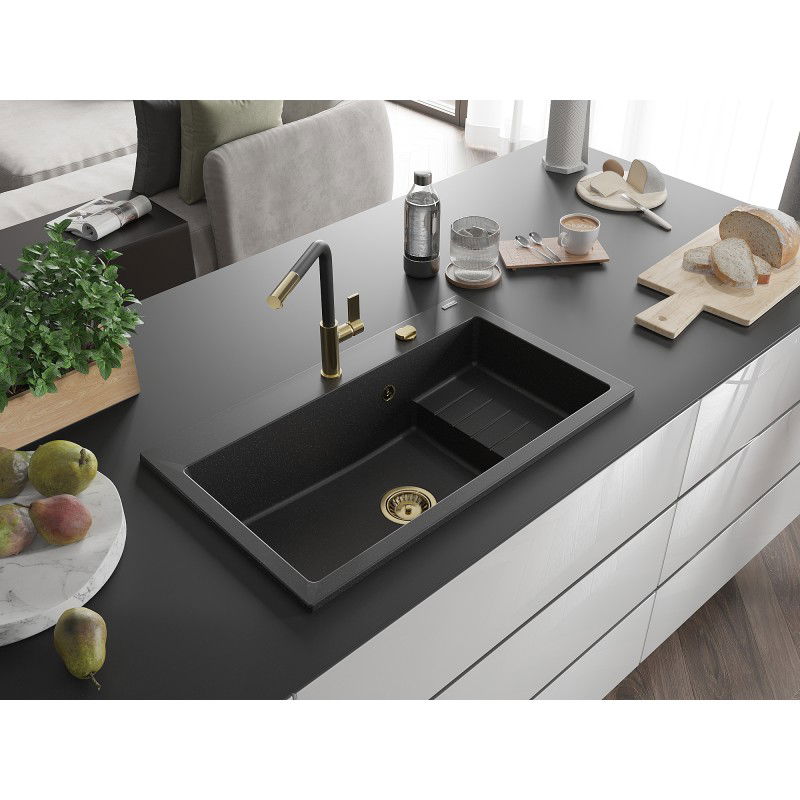 Mexen Omar kuchyňský dřez z granitu, 1-komorový 800 x 480 mm, černý/stříbrný metalický, sifon zlatý - 6520801005-73-G