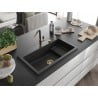 Mexen Omar kuchyňský dřez z granitu, 1-komorový 800 x 480 mm, černý/stříbrný metalický, sifon zlatý - 6520801005-73-G
