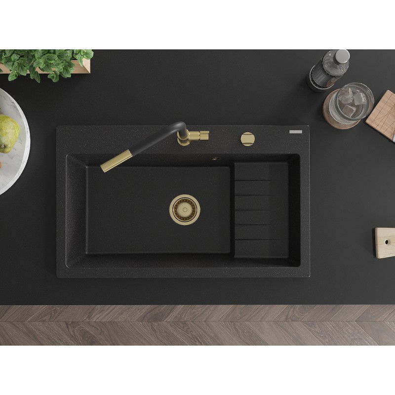 Mexen Omar kuchyňský dřez z granitu, 1-komorový 800 x 480 mm, černý/stříbrný metalický, sifon zlatý - 6520801005-73-G