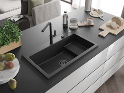 Mexen Omar žulový dřez 1-komorový 800 x 480 mm, černý/stříbrný metalický, černý sifon - 6520801005-73-B