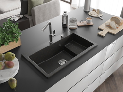 Mexen Omar granitový dřez 1-komorový 800 x 480 mm, černý/zlatý metalik, sifon chrom - 6520801005-75