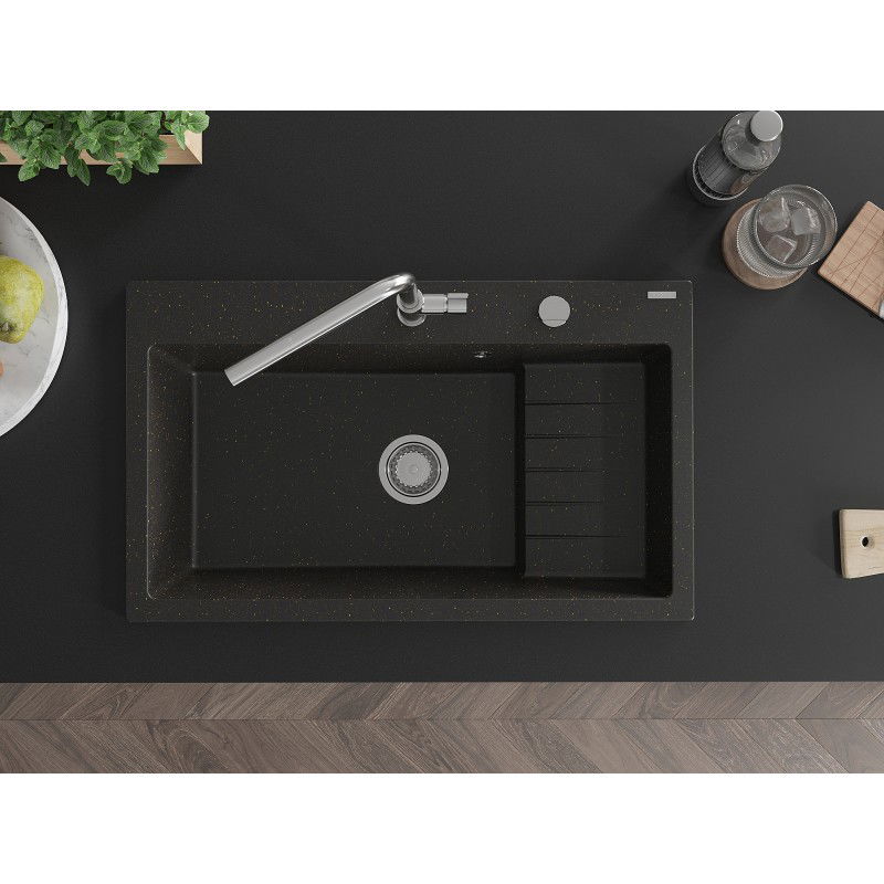 Mexen Omar granitový dřez 1-komorový 800 x 480 mm, černý/zlatý metalik, sifon chrom - 6520801005-75