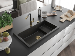 Mexen Omar granitový dřez 1-komorový 800 x 480 mm, černý/zlatý metalik, sifon zlatý - 6520801005-75-G