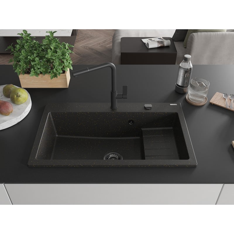 Mexen Omar granitový dřez 1-komorový 800 x 480 mm, černý/zlatý metalický, černý sifon - 6520801005-75-B