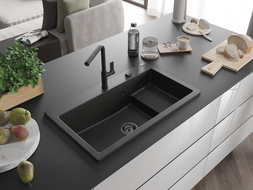 Mexen Omar granitový dřez 1-komorový 800 x 480 mm, černý/zlatý metalický, černý sifon - 6520801005-75-B