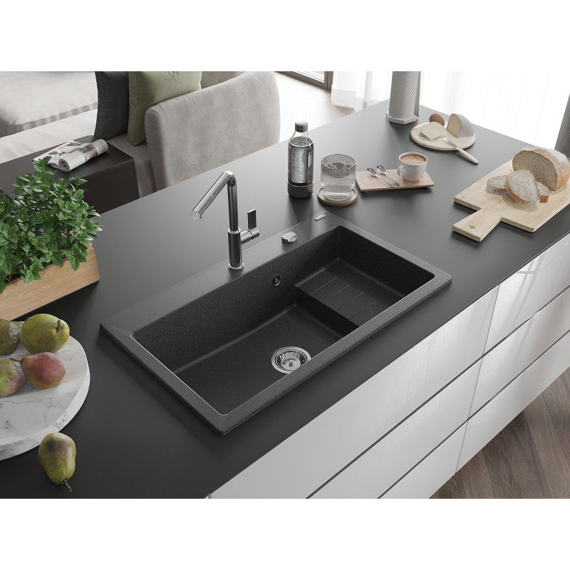 Mexen Omar žulový dřez 1-komorový 800 x 480 mm, černý tečkovaný, sifon chrom - 6520801005-76